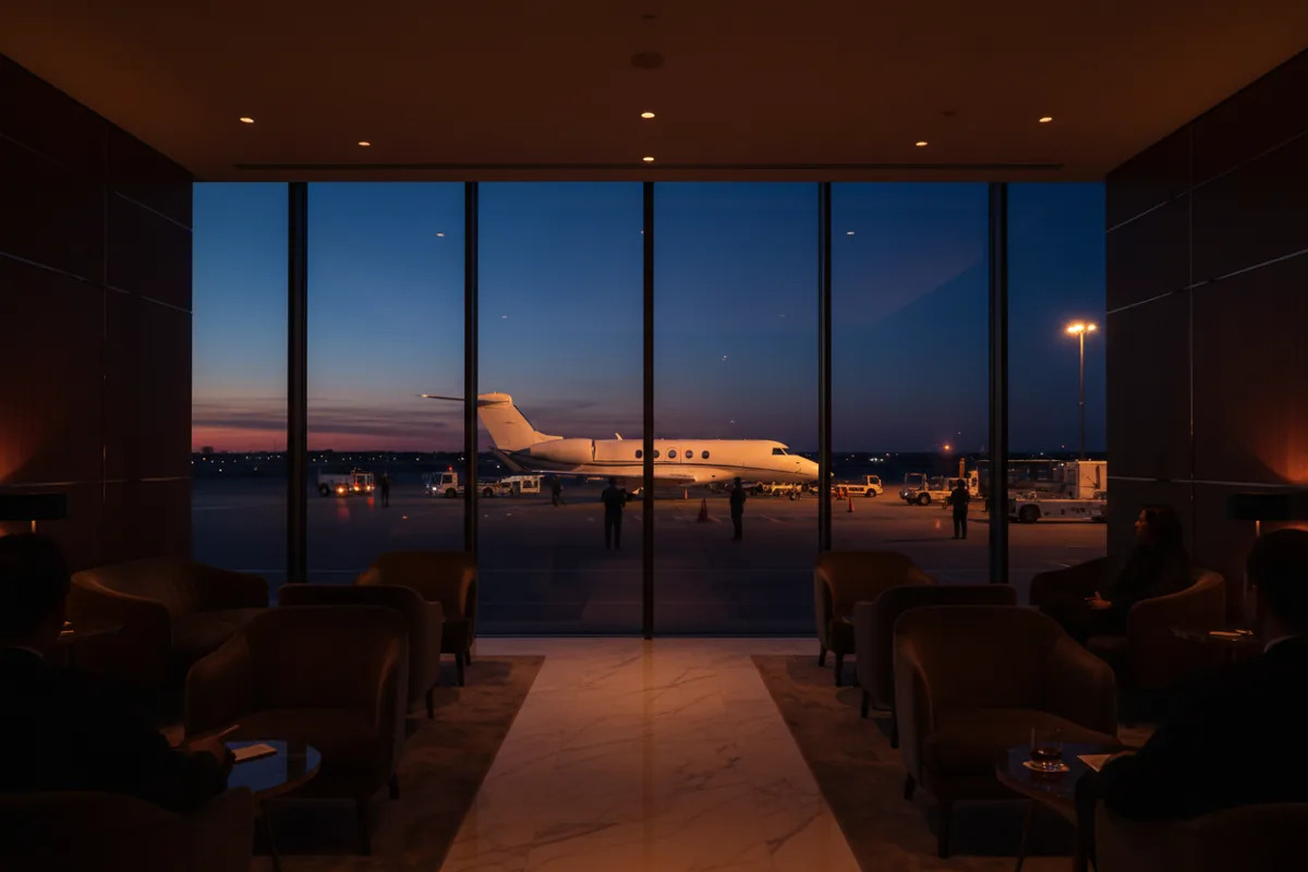 A private jet on the tarmac at twilight, viewed from inside a modern airport lounge.