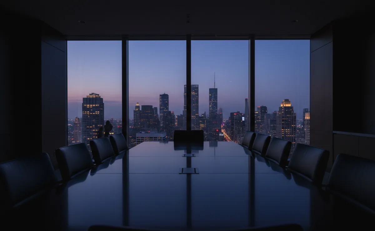 An empty, upscale boardroom with a large window showing a city skyline at night.