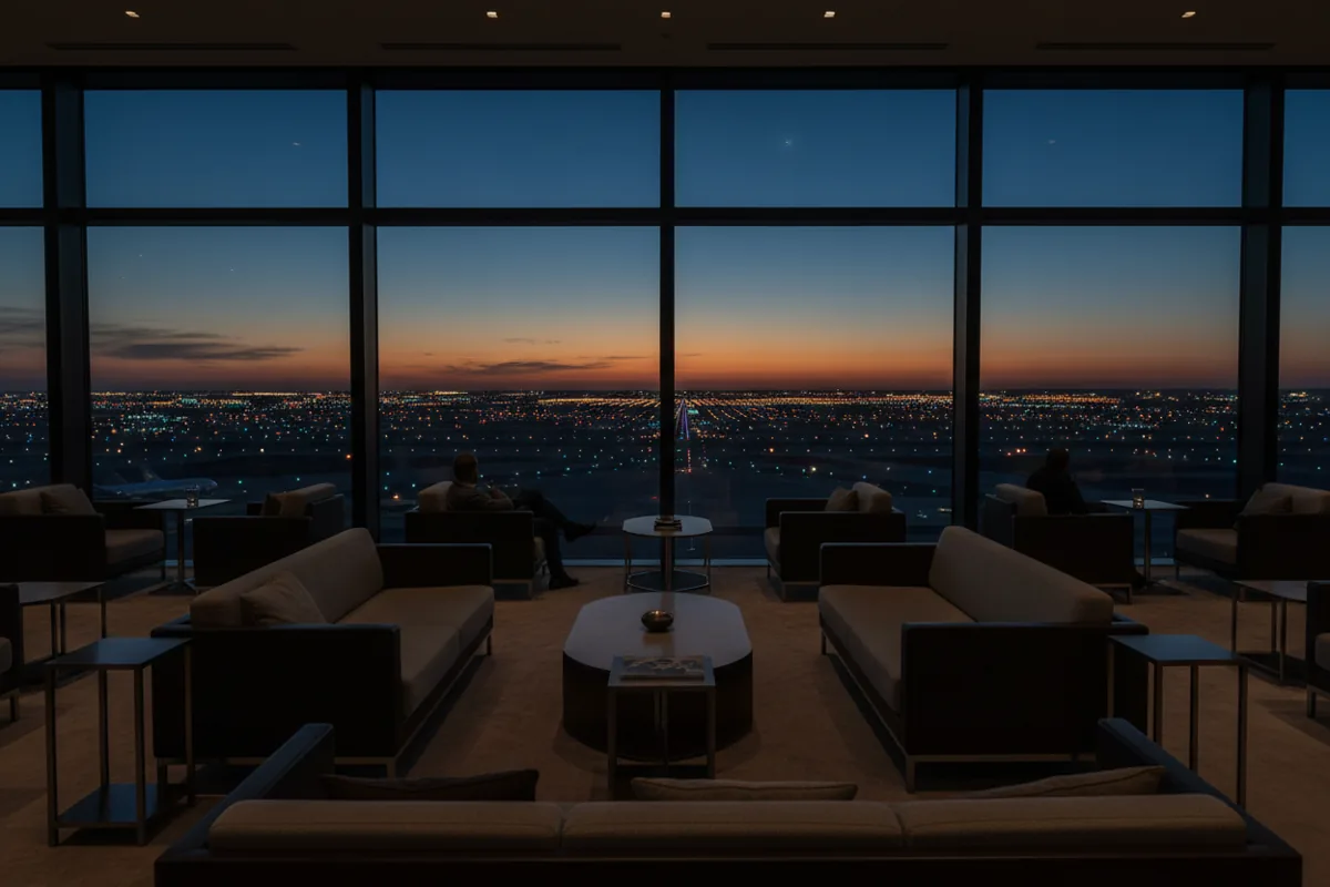 View of an airfield runway at twilight from inside a modern, luxurious airport lounge.
