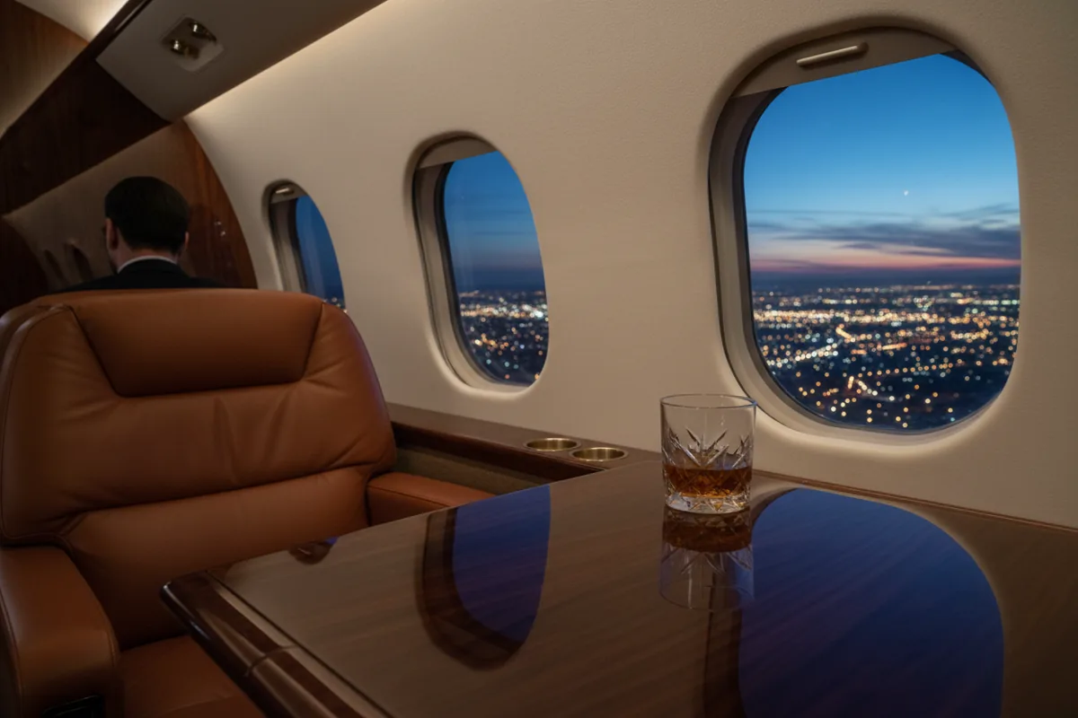 The luxurious interior of a private jet cabin with a leather seat, wood table, and a drink by the window at night.