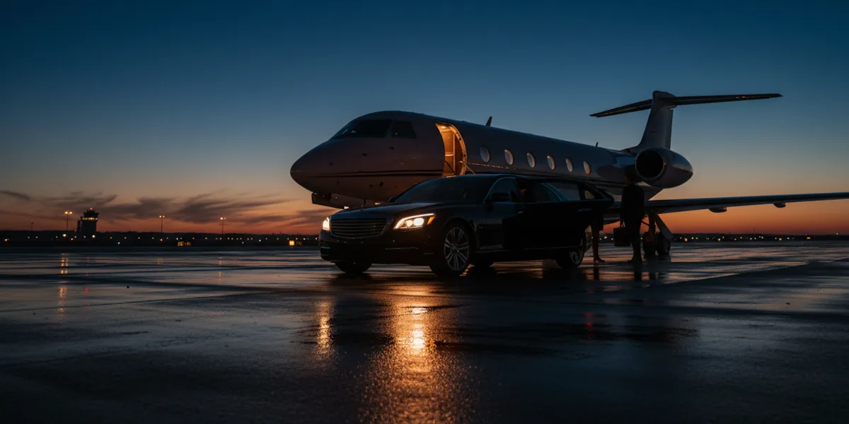 A luxury car arriving on the tarmac next to a private jet at dusk, ready for boarding.