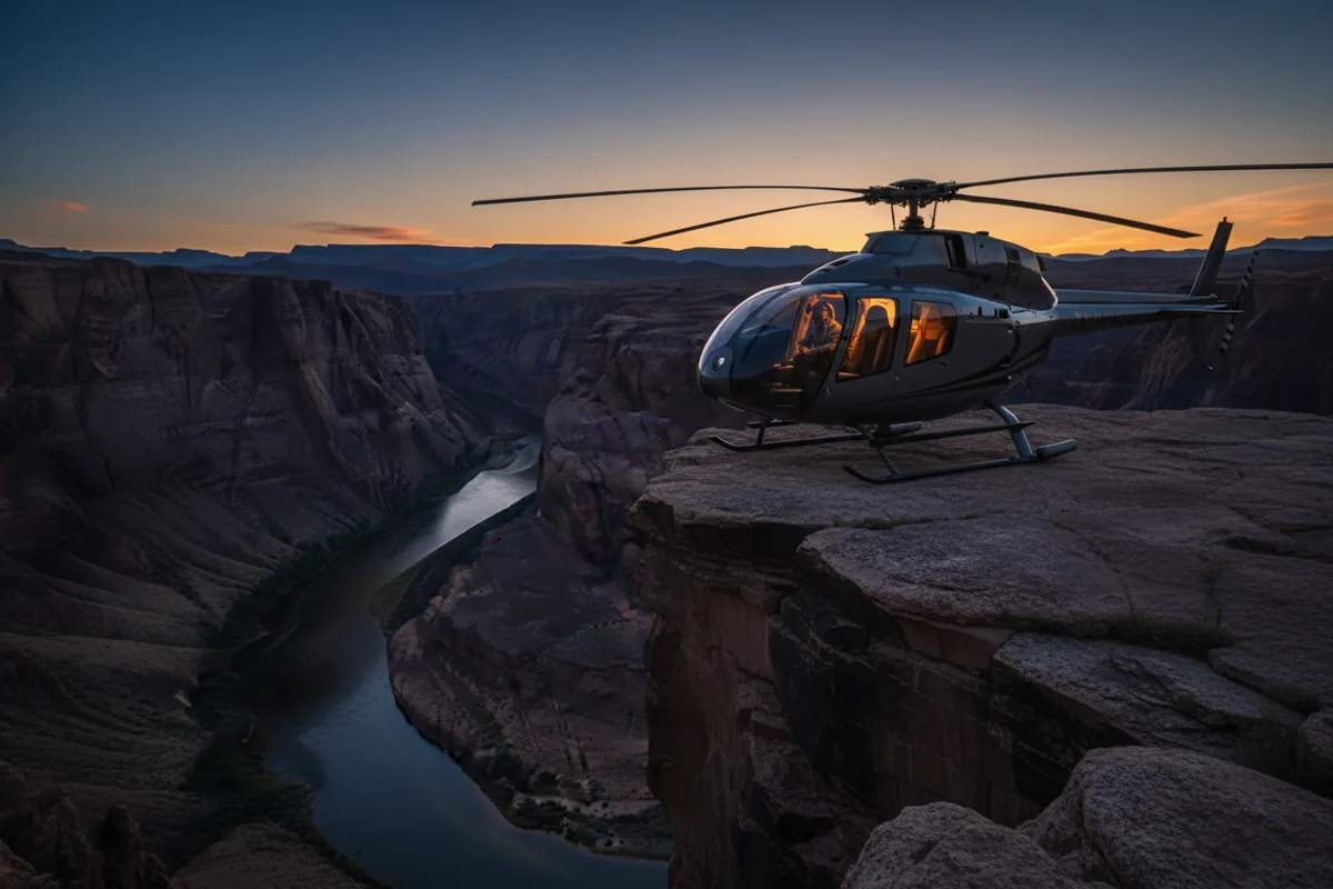 A helicopter landed on the floor of the Grand Canyon next to the Colorado River at dusk.