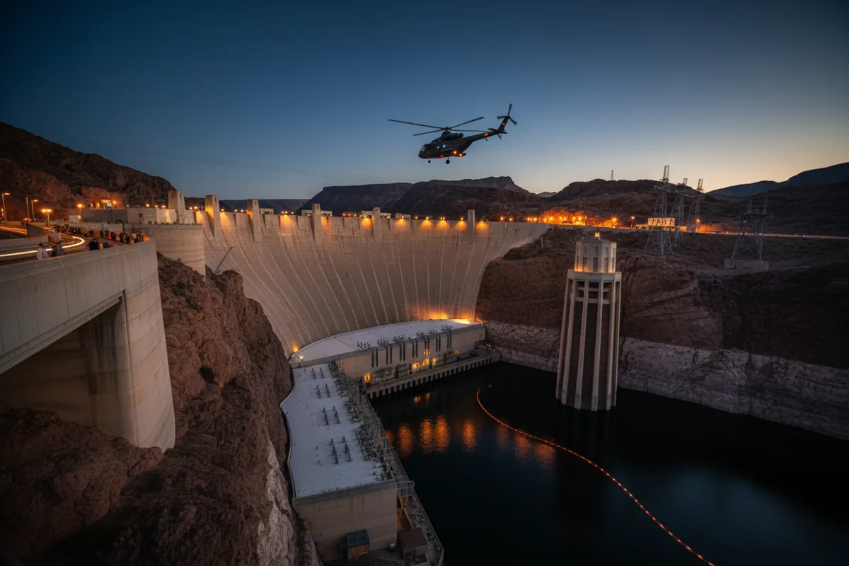 A helicopter flies over the illuminated Hoover Dam at twilight.