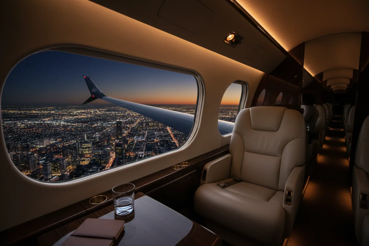 View from a window inside a private jet, looking out over a city at night.