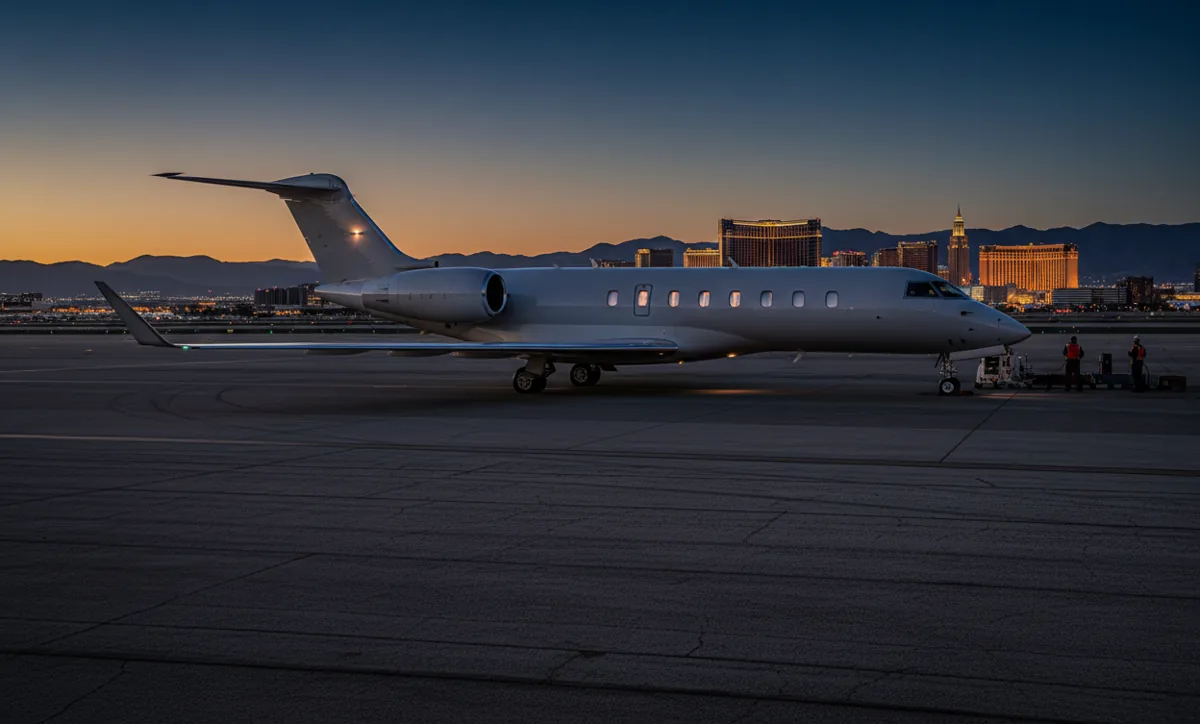 View from a private jet window of a sunlit desert canyon near Las Vegas, with the aircraft's wing in the frame.