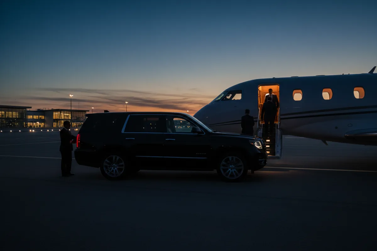 A luxury SUV waiting next to a private jet on the tarmac at dusk.