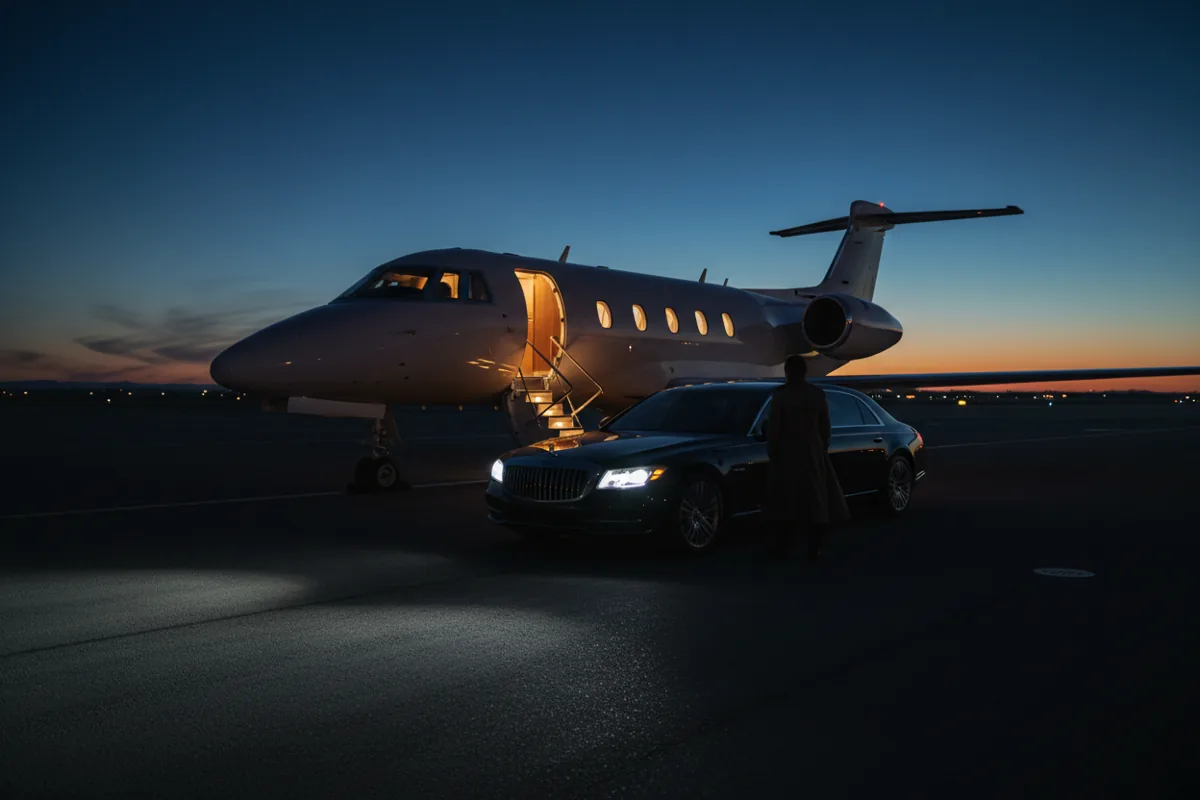 A luxury car arriving on the tarmac next to a private jet at dusk for a direct boarding.