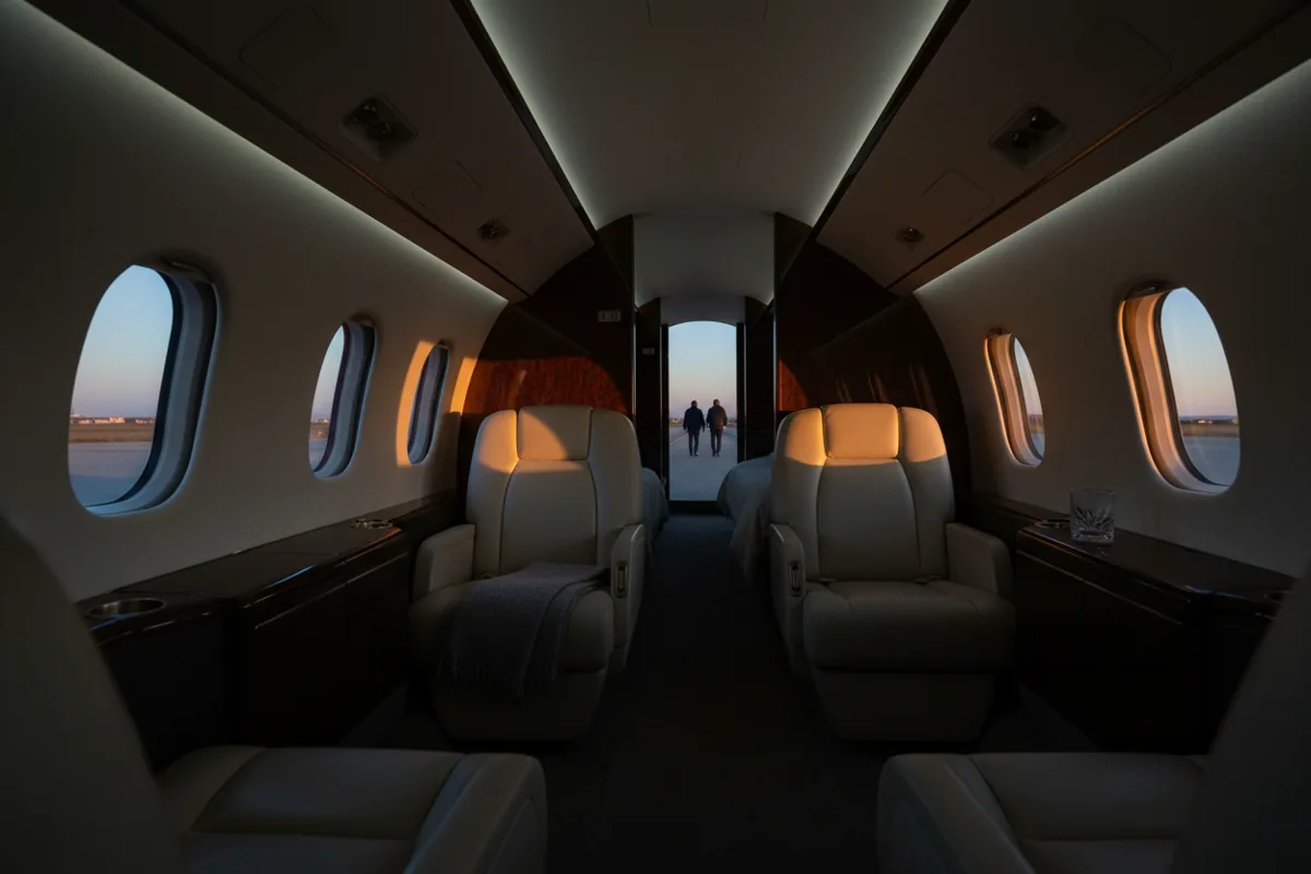 The empty, sunlit interior of a luxurious private jet cabin.