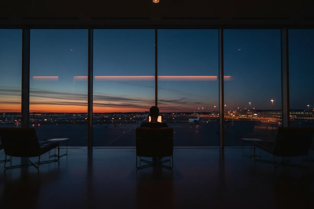 A person in an airport lounge at dusk uses a tablet, with a private jet visible on the runway.