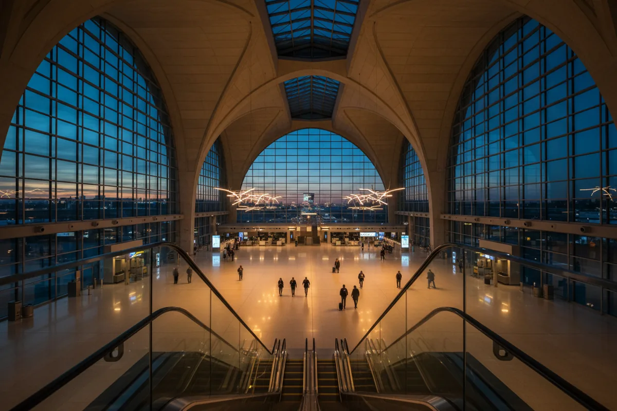 The spacious, modern interior of an airport terminal departures hall at night.