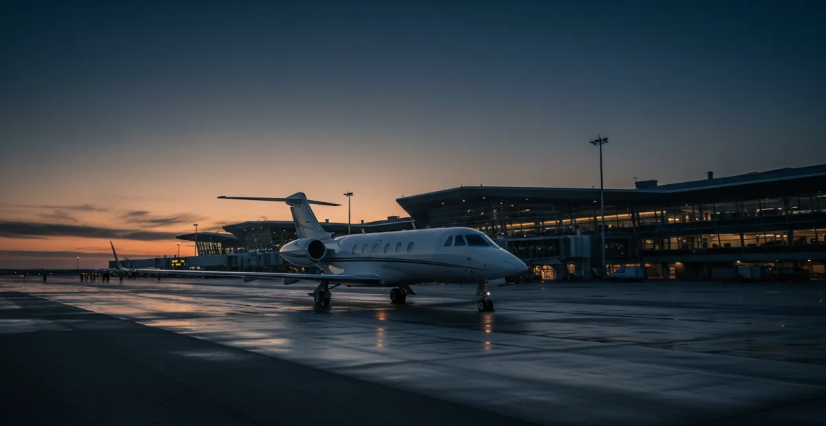 A white private jet parked on the tarmac in front of a modern airport terminal.