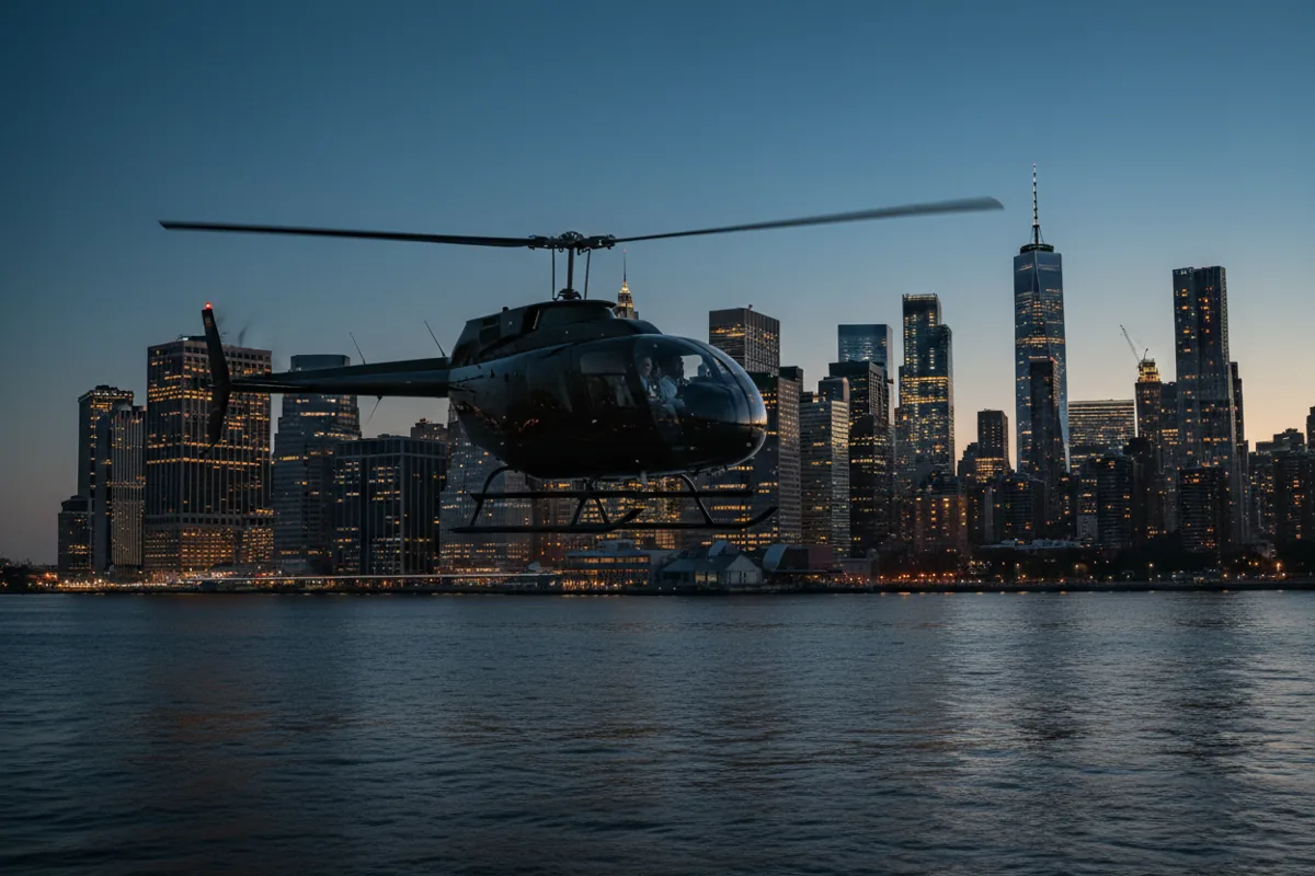A helicopter flies toward the Manhattan skyline over a river at twilight.
