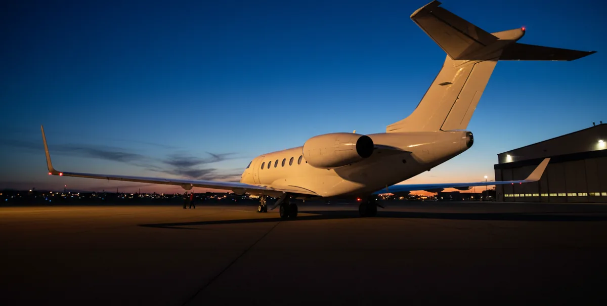 The tail and wing of a private jet at twilight.