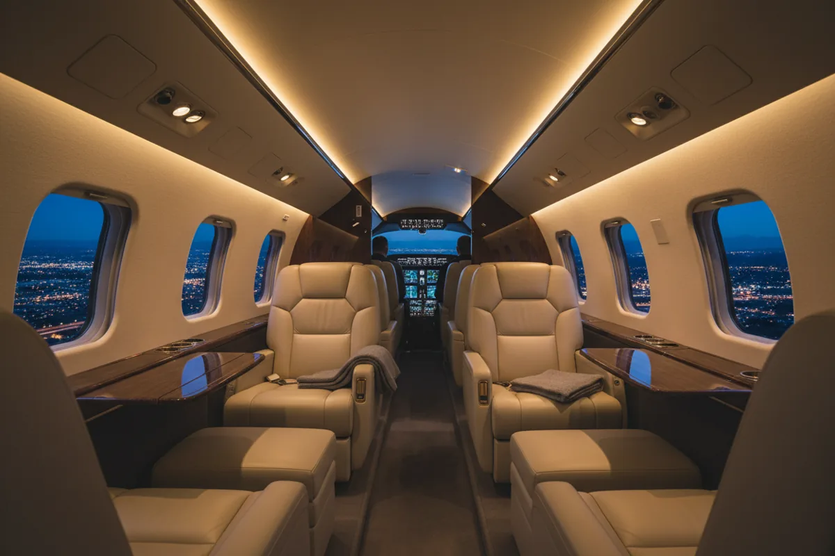 The interior of a luxurious private jet cabin with leather seats, lit by warm ambient light at night.