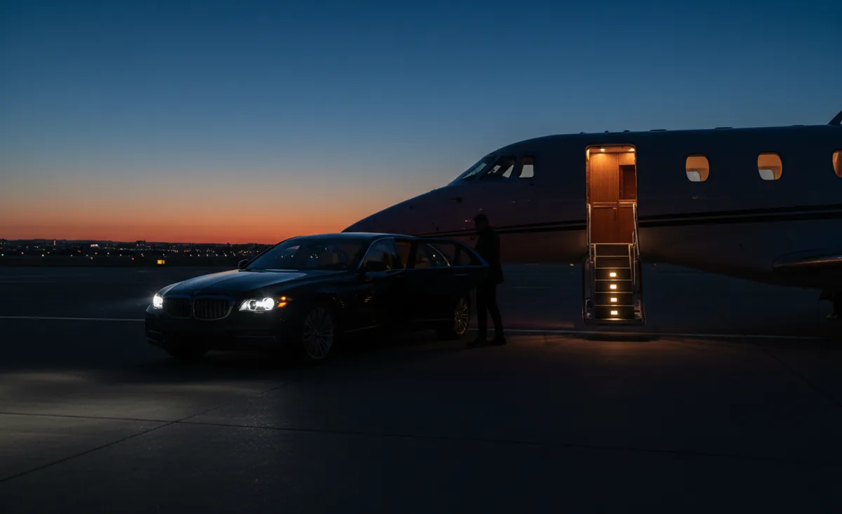 A luxury car pulls up to a private jet on the tarmac at twilight, ready for boarding.