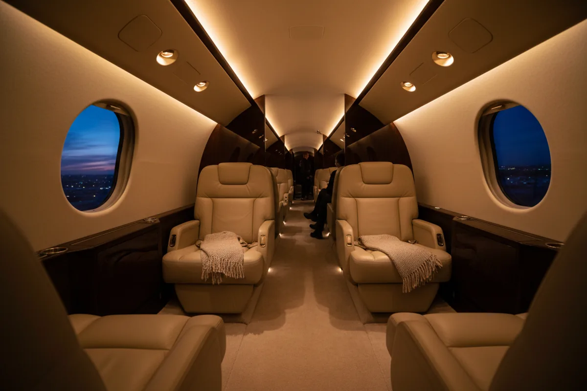 The interior of a luxurious private jet cabin with leather seats and ambient lighting.