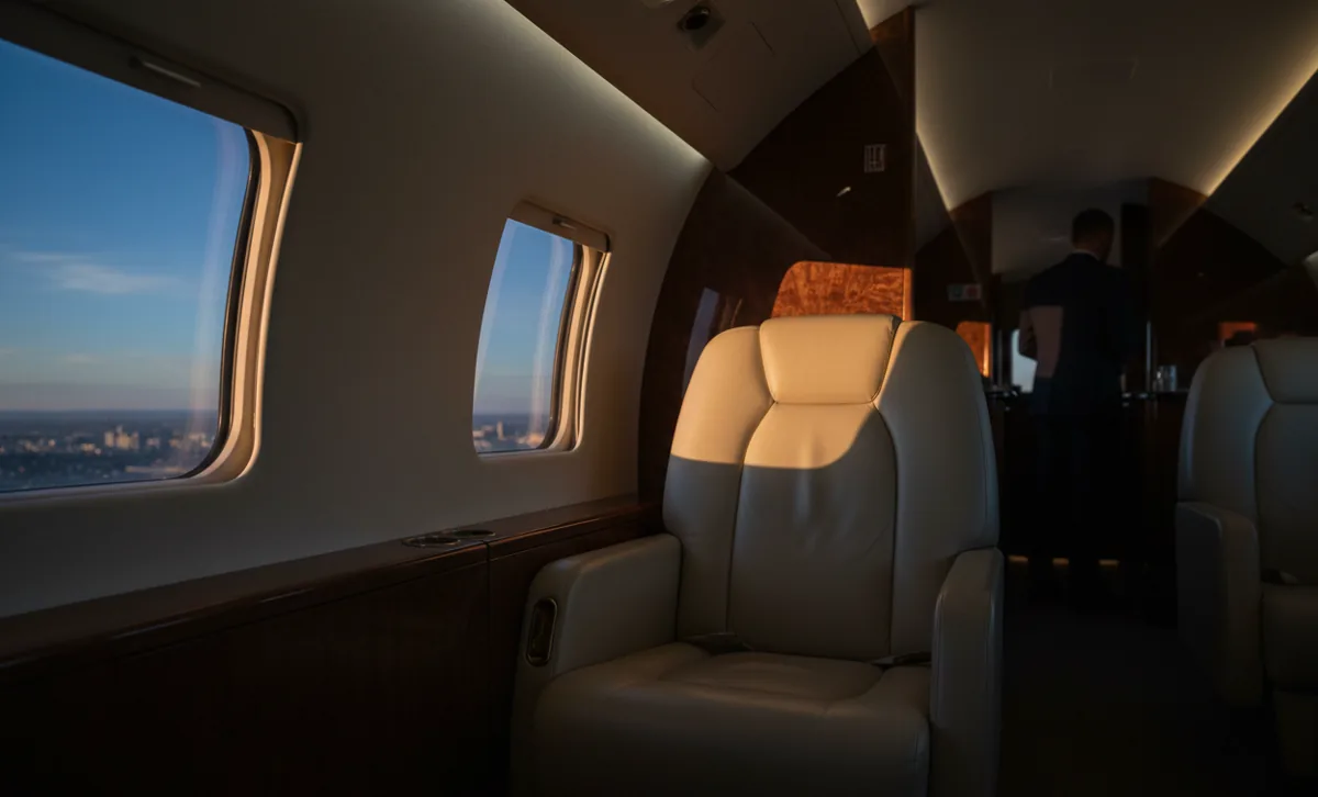 Detail of a luxurious cream leather seat and wood paneling inside a private jet cabin.