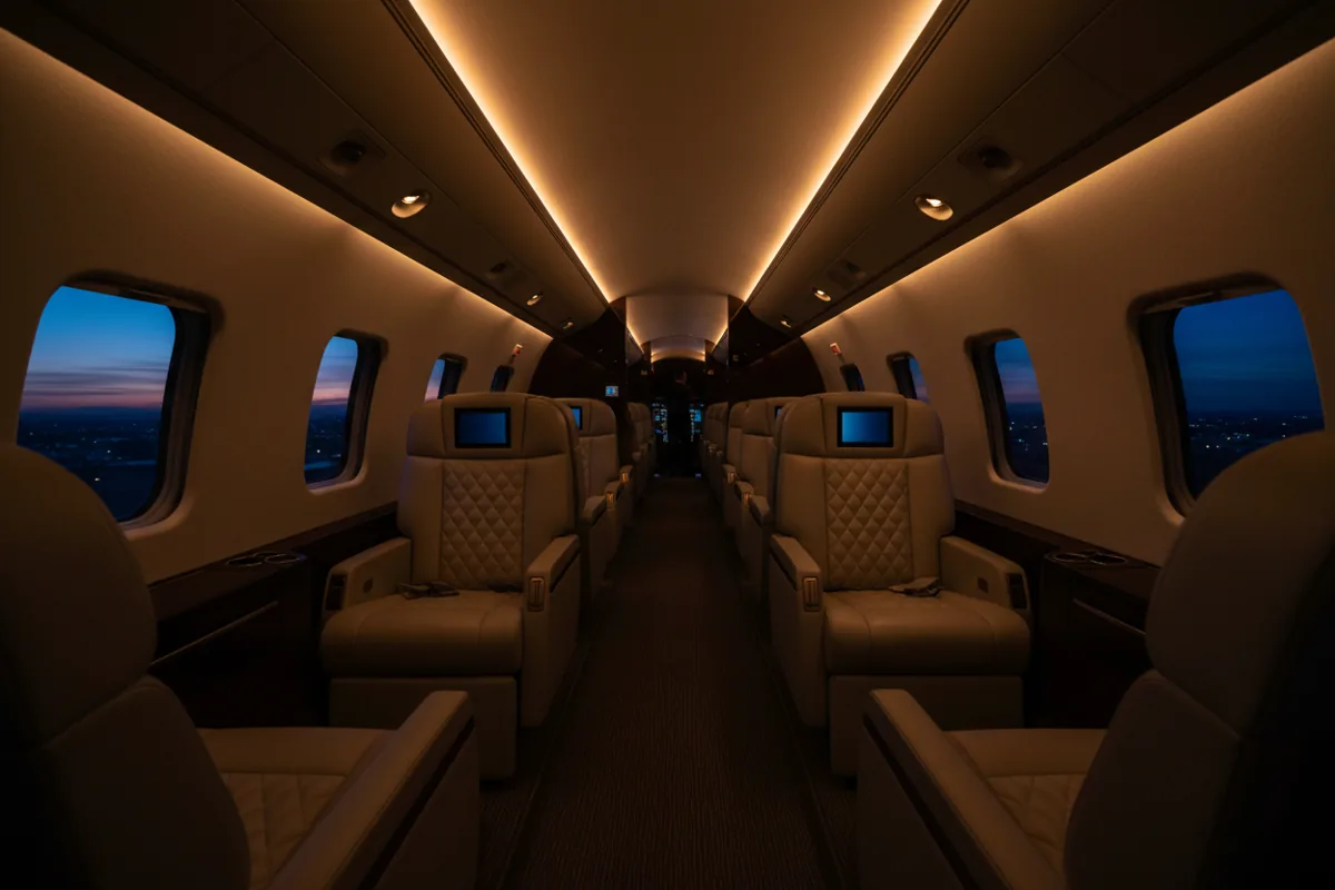 The interior of a luxurious private jet cabin at night, with warm ambient lighting.