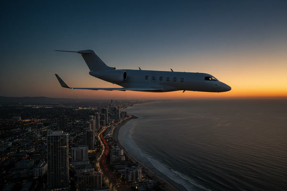A private jet flying over a coastal city at dusk.