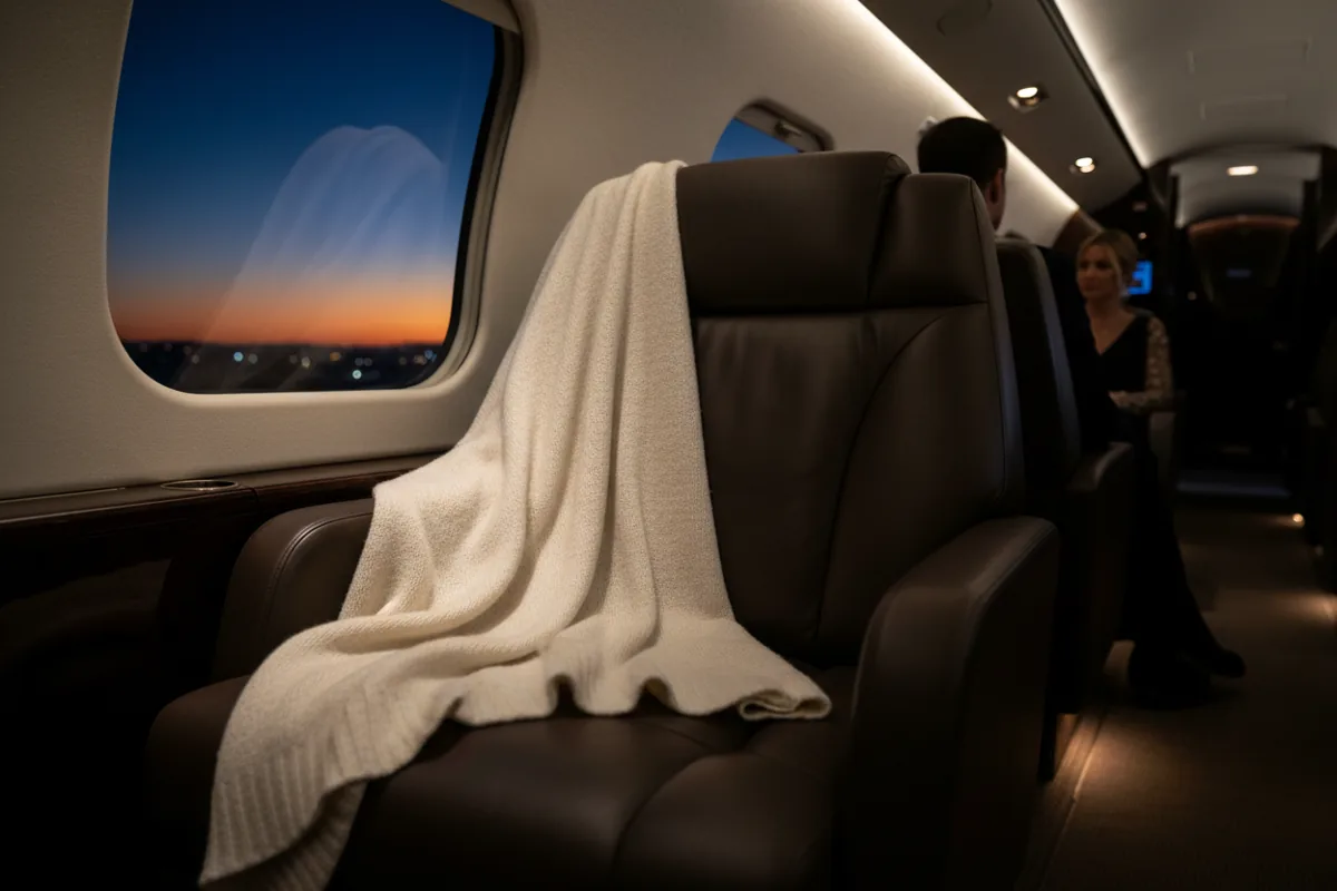 A soft, folded cashmere blanket in a neutral color rests on the plush leather seat of a private jet.