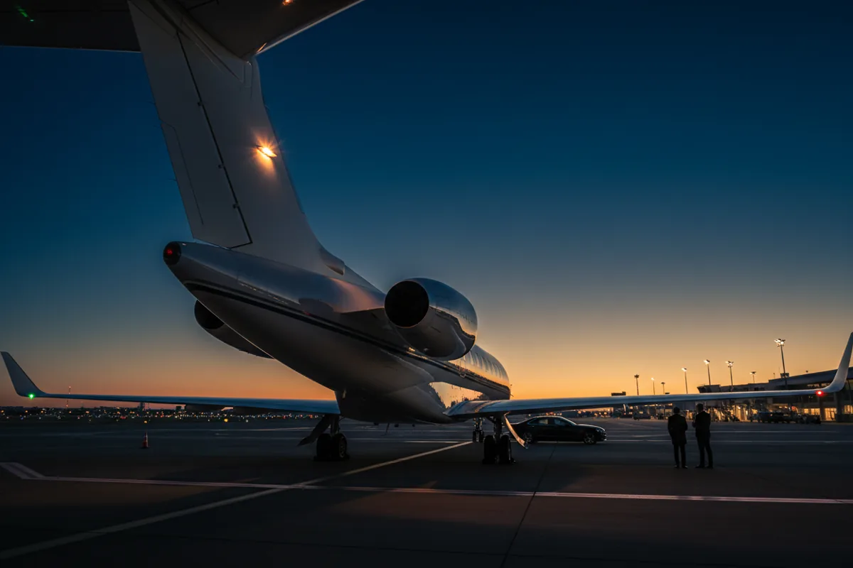 Low-angle view of a private jet's tail against a twilight sky.