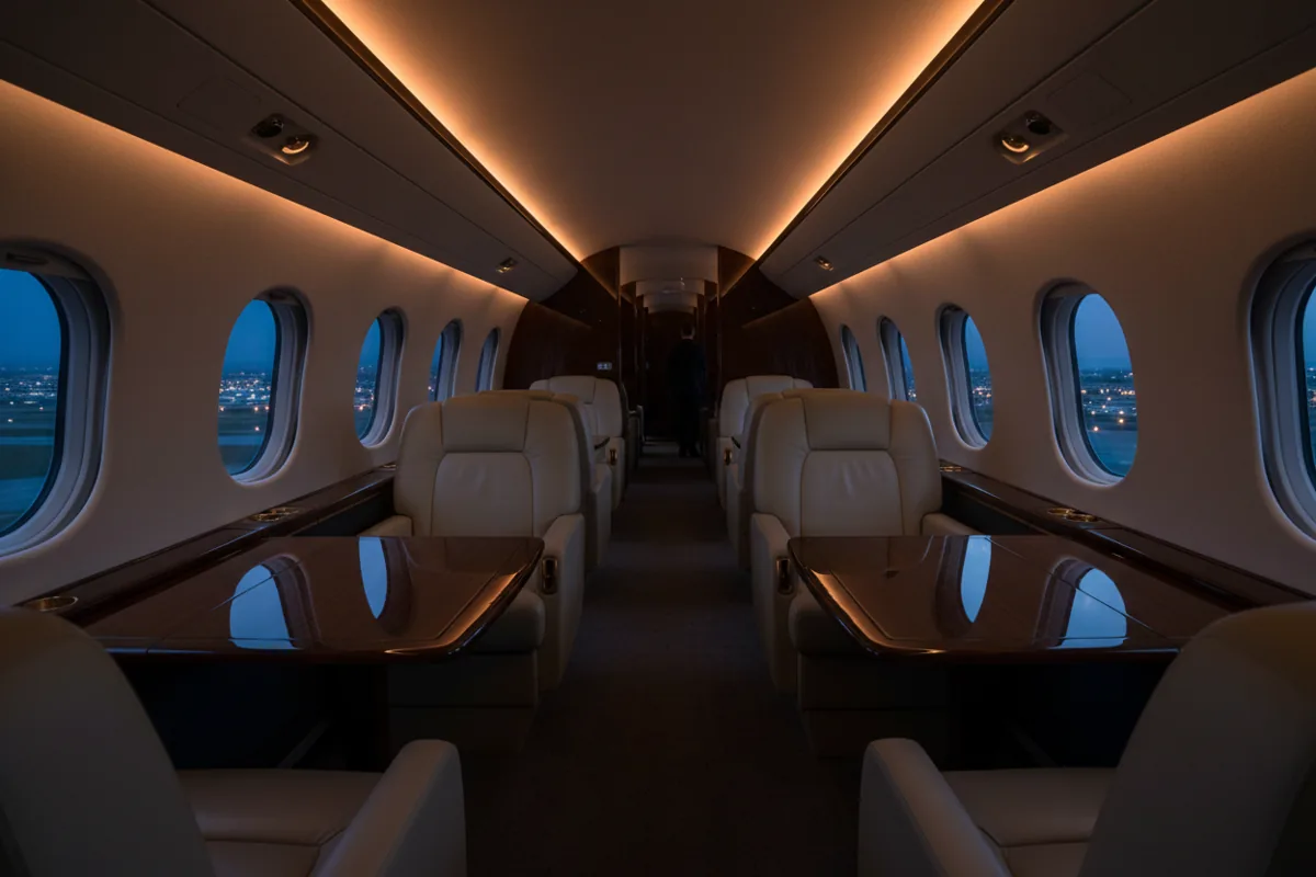 The empty, warmly lit cabin of a luxurious private jet at night.