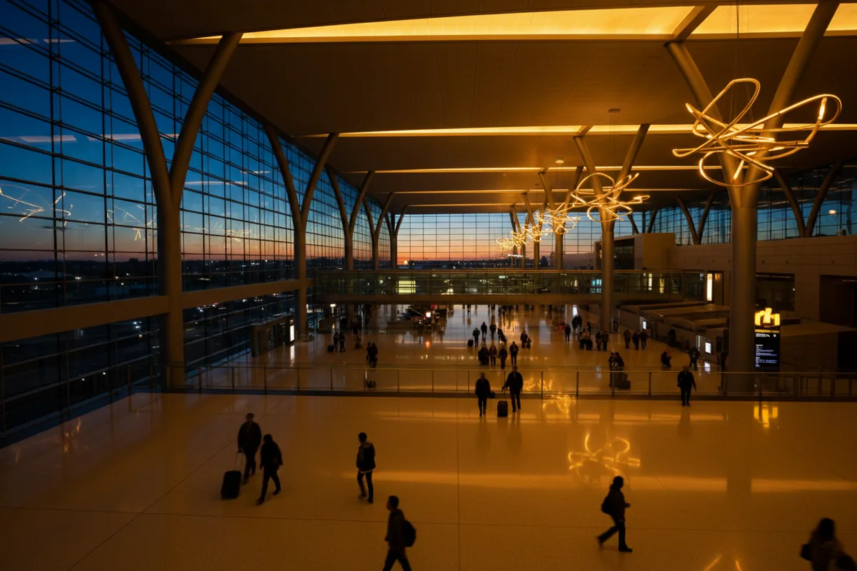 An elevated view of a spacious, modern airport terminal concourse with travelers walking below.
