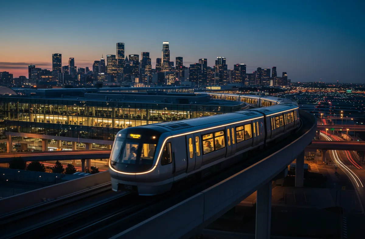 An illuminated airport train traveling on an elevated track past a terminal at blue hour.