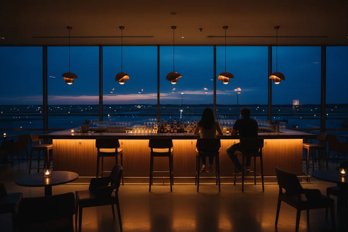 A stylish, warmly lit airport bar with patrons overlooking the tarmac at dusk.