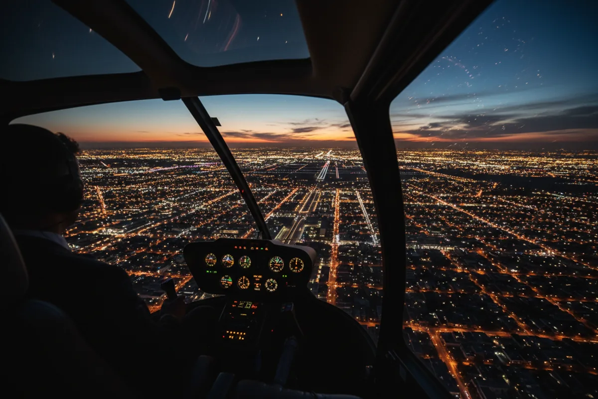 A city skyline and airport seen from a helicopter at night.