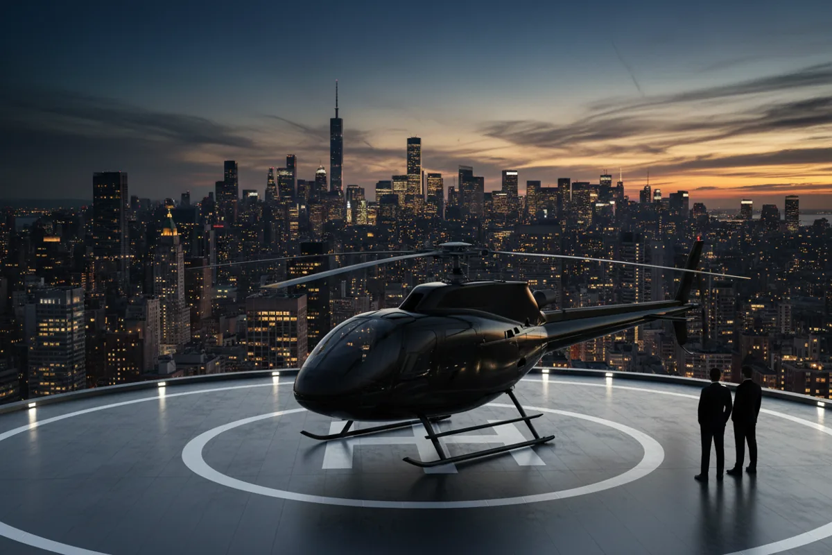 A helicopter on a rooftop helipad with the Manhattan skyline at dusk.