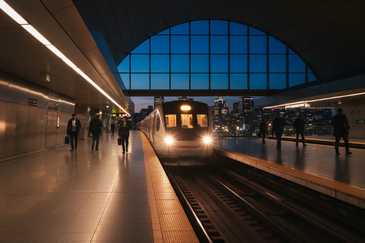 A modern subway train pulls into a dimly lit station at dusk, with a few people waiting on the platform.