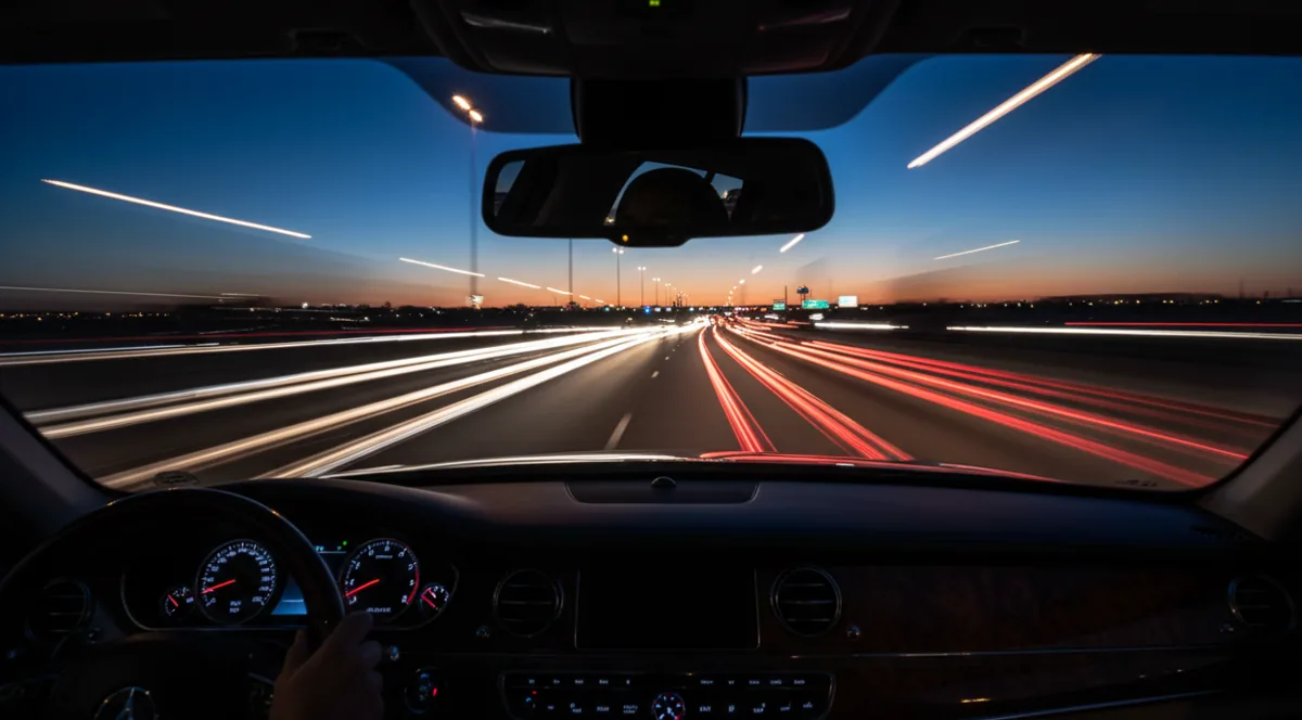Motion-blurred view of highway traffic at night, with long streaks of red and white lights.