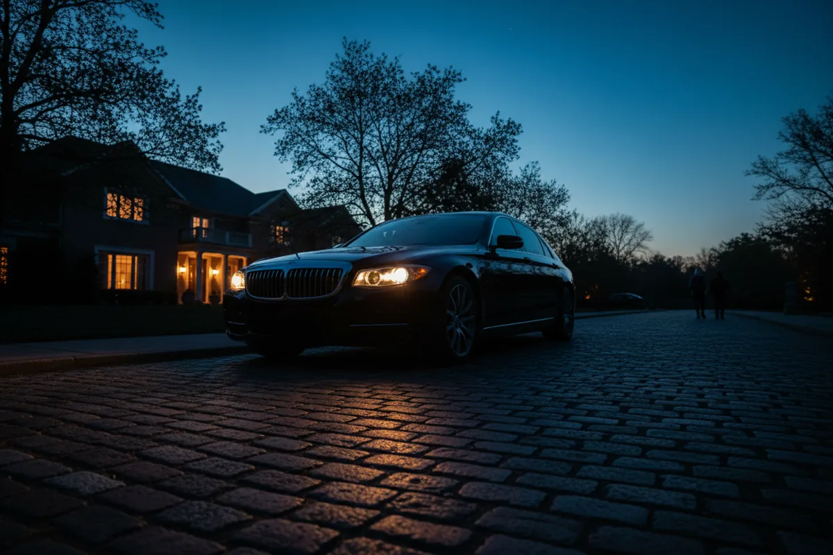 A luxury black sedan parked on a dark street at dusk with its headlights on.