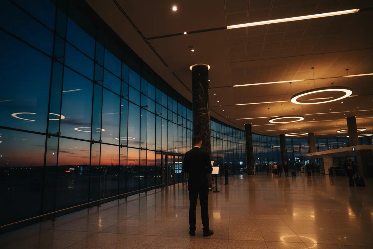 A modern airport arrivals hall at dusk, with a chauffeur waiting for a passenger.