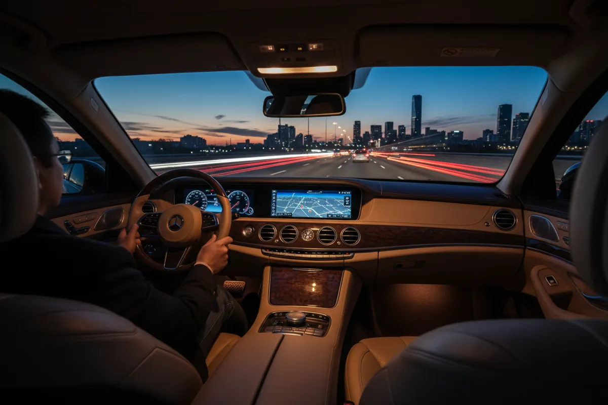 View from inside a luxury car on a highway at dusk, with streaks of taillights visible ahead.