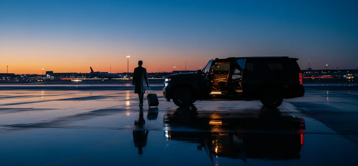 A traveler with a suitcase walks toward a luxury SUV on an airport tarmac at dusk.