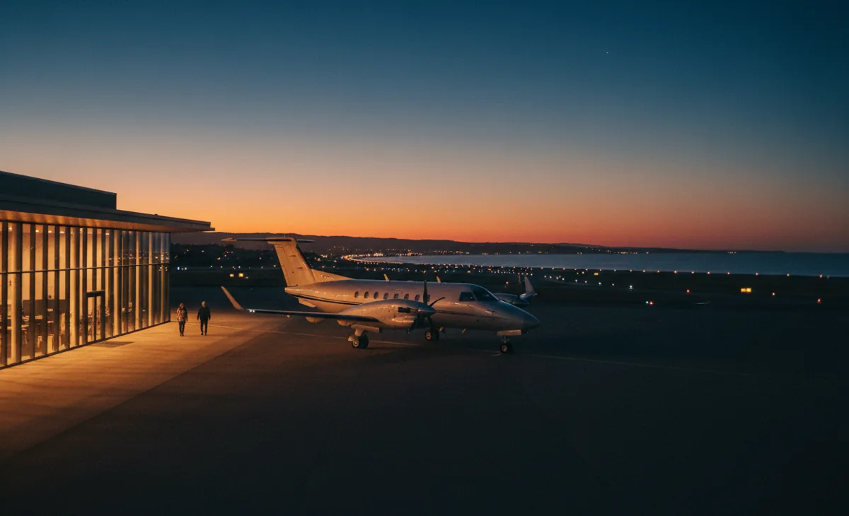 A private turboprop plane parked on the tarmac of a small coastal airport at twilight.