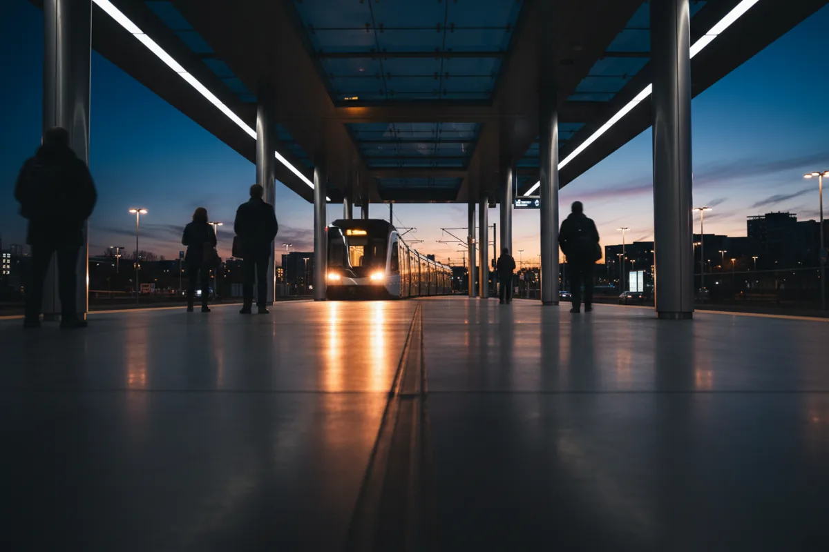 A light rail train pulls into a modern station platform at twilight.