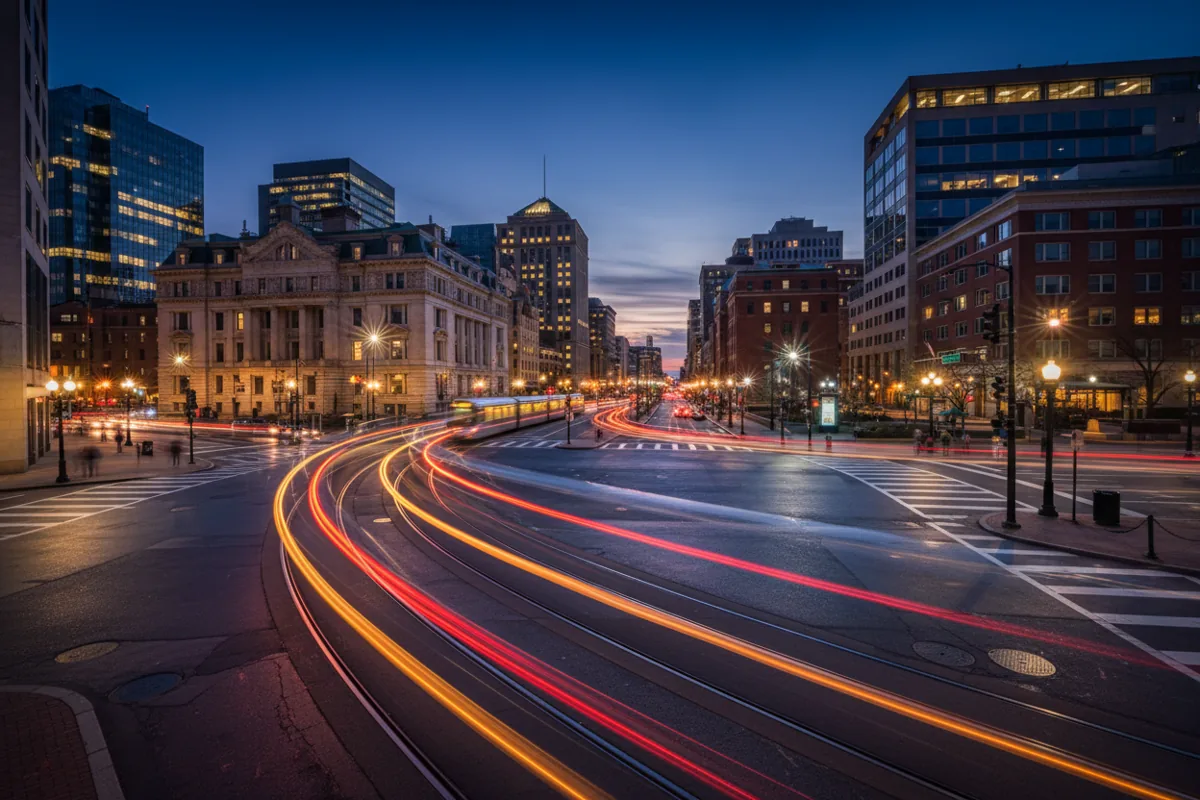 Light trails from a moving train curve through a city intersection at night.
