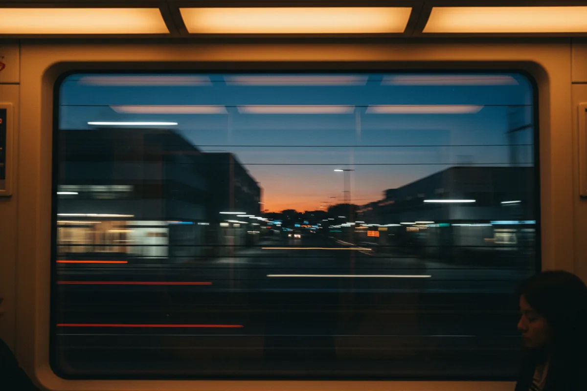 The blurred lights of a city at night seen from the window of a moving train.
