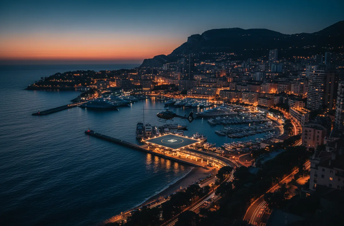 A helicopter lands on a coastal helipad in Monaco at twilight, with the city lights glowing in the background.