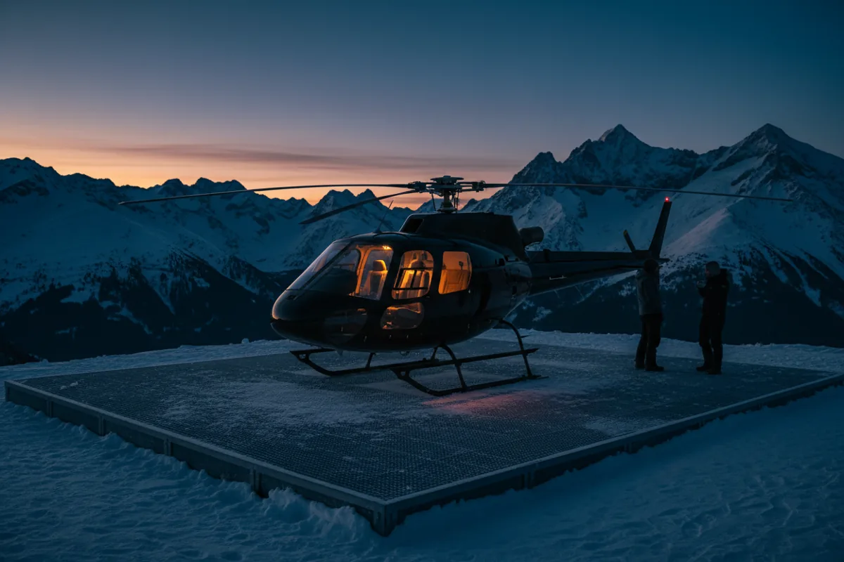 A helicopter with its lights on sits on a snowy mountain helipad at dusk, with alpine peaks in the background.