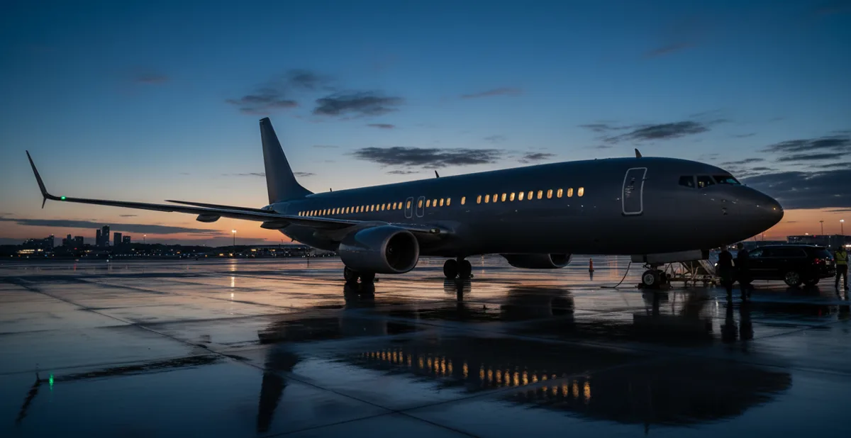 A large narrow-body business airliner parked on a private aviation apron at twilight.
