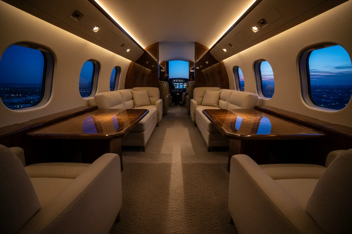 The spacious and luxurious interior of a private jet cabin with sofas and polished wood tables.