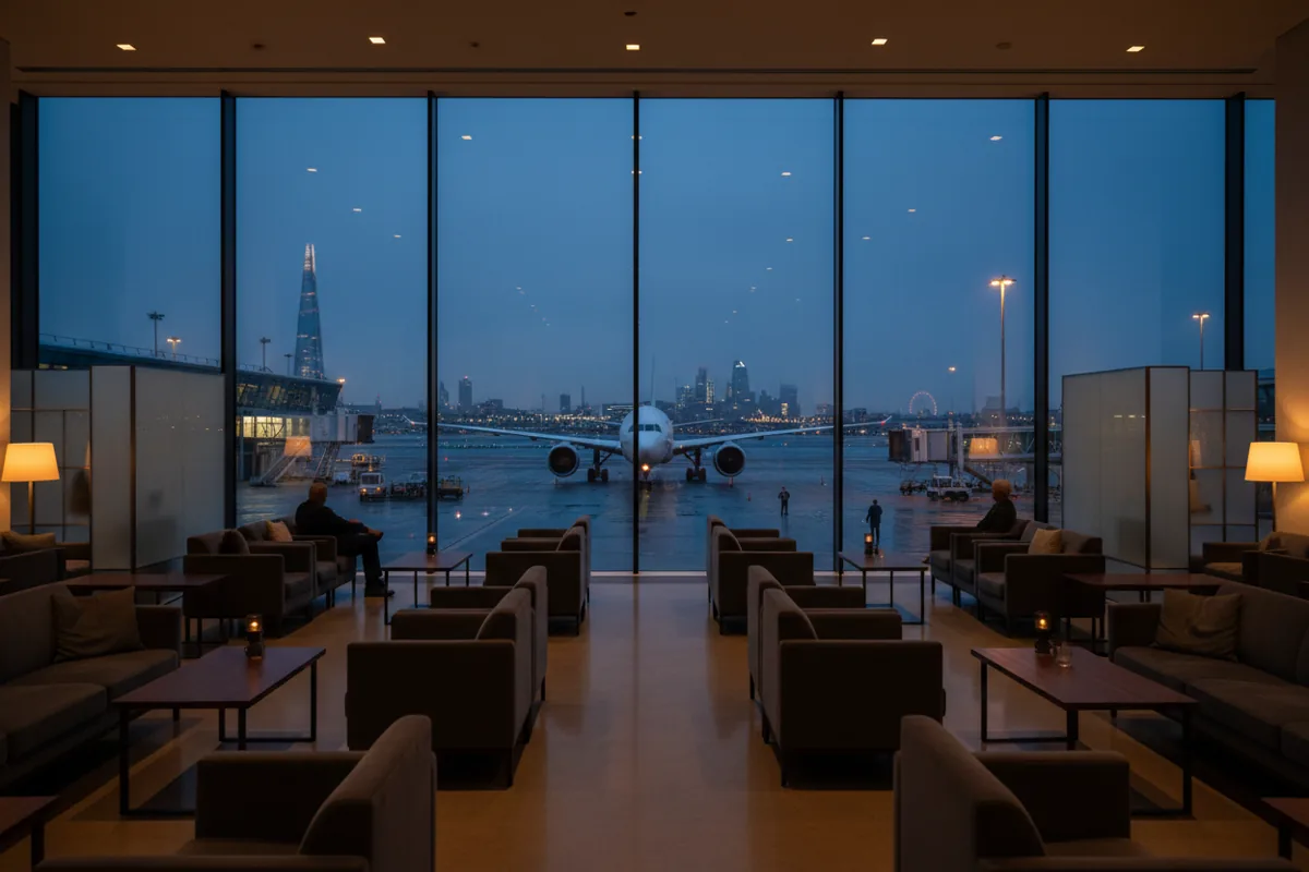 A passenger jet on the tarmac at dusk, viewed from inside a modern airport lounge with the London skyline in the distance.