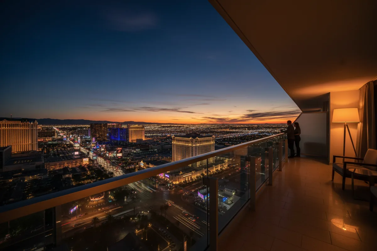 View of the Las Vegas Strip at twilight from a high-rise hotel balcony with warm interior lighting.
