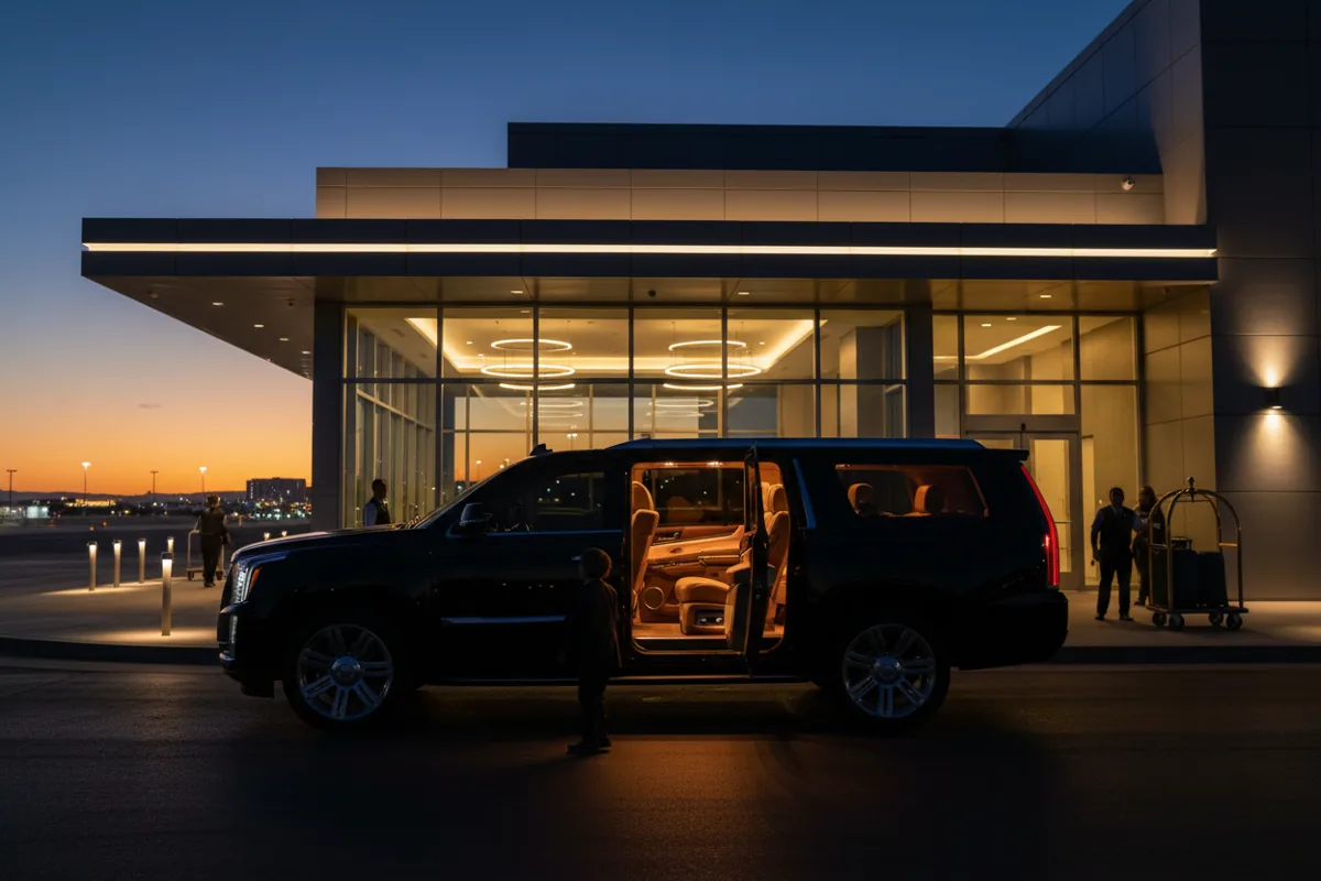 A luxury black SUV waiting at the curb of a modern private airport terminal at dusk.