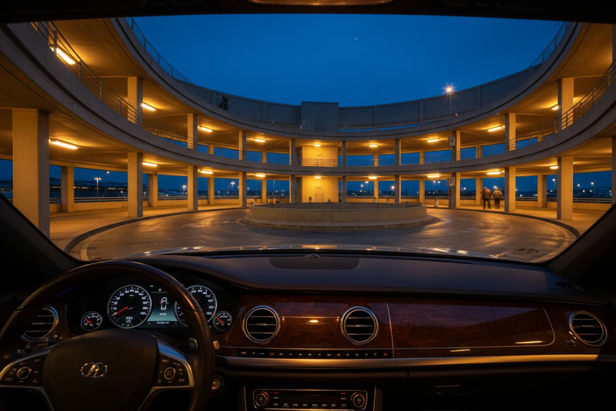 Looking through the windshield of a car driving through an airport parking garage at twilight.