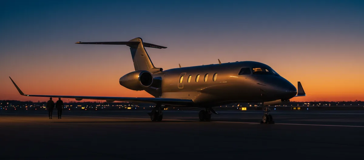A private jet parked on an airport tarmac at sunset.